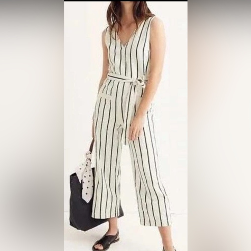 Madewell Women’s Linen Blend Belted Striped One Piece Jumpsuit Ivory Size S
